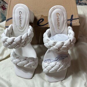 Greatonu White Braided Strap Heels Size 8 Square Toe  Women's Block Heel Sandals